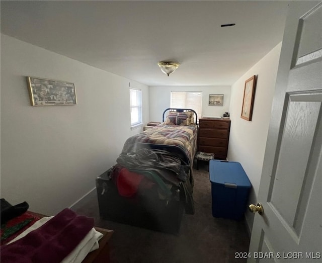 bedroom with dark colored carpet