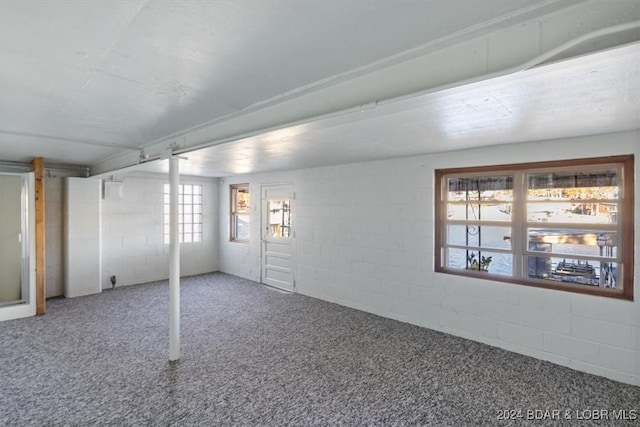 basement with a healthy amount of sunlight and carpet floors