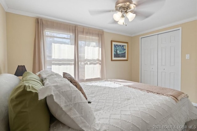 bedroom featuring a closet, ceiling fan, and crown molding