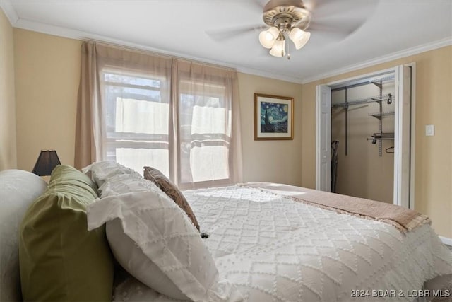 bedroom with a closet, ceiling fan, and ornamental molding