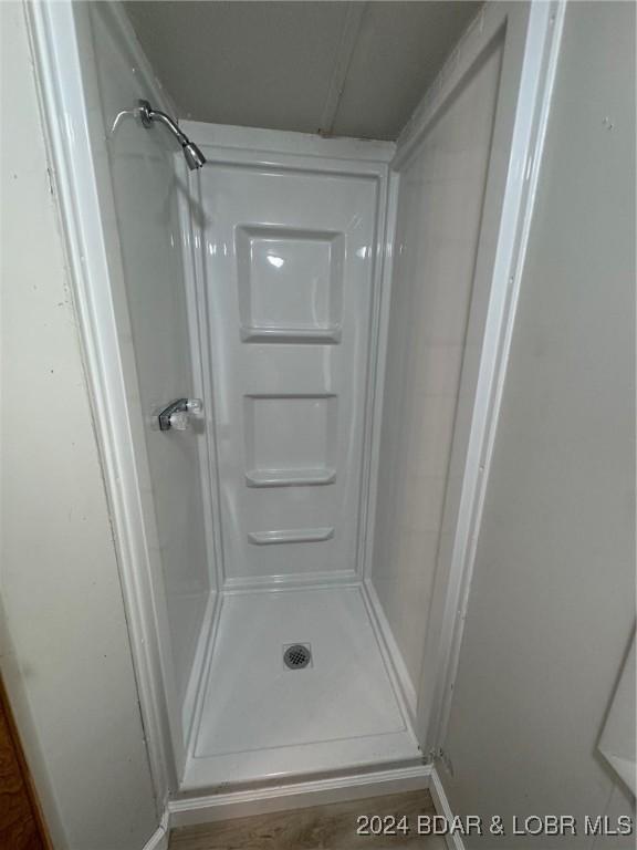 bathroom featuring a shower and hardwood / wood-style floors