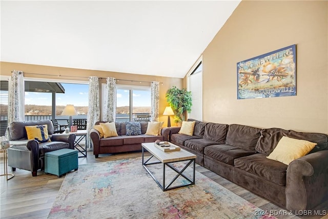 living area featuring wood finished floors and high vaulted ceiling