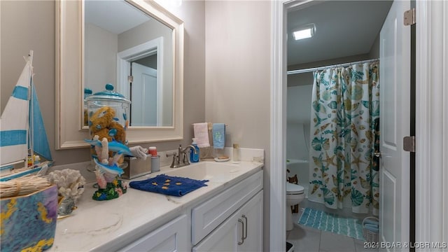 bathroom featuring tile patterned floors, a shower with curtain, vanity, and toilet