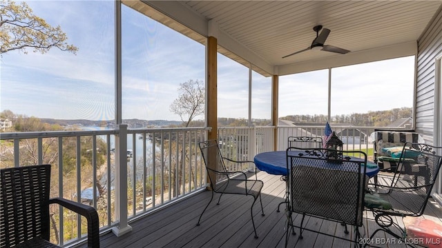 sunroom / solarium with ceiling fan, a water view, and wood ceiling