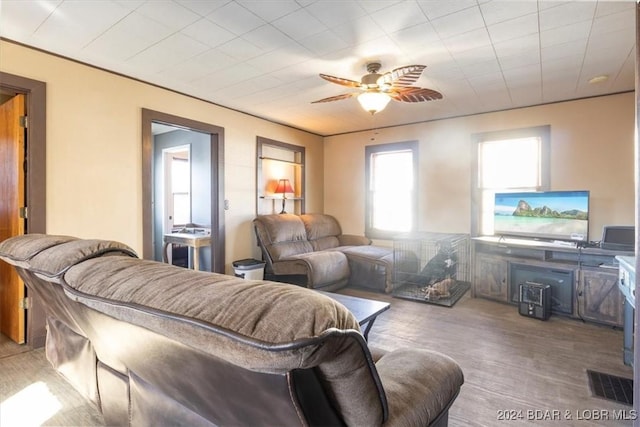 living room featuring hardwood / wood-style flooring and ceiling fan