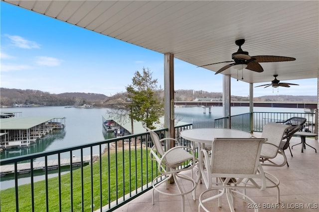 balcony featuring ceiling fan and a water view