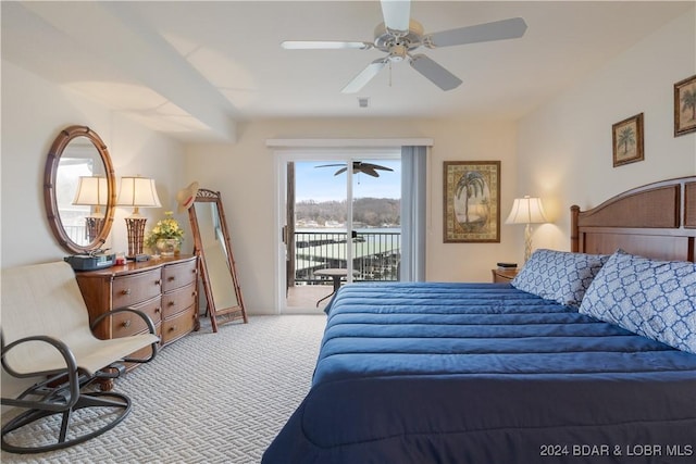 carpeted bedroom with access to exterior and ceiling fan