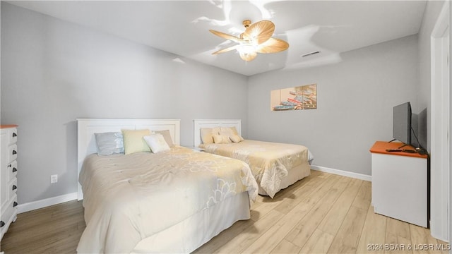 bedroom featuring ceiling fan and light wood-type flooring