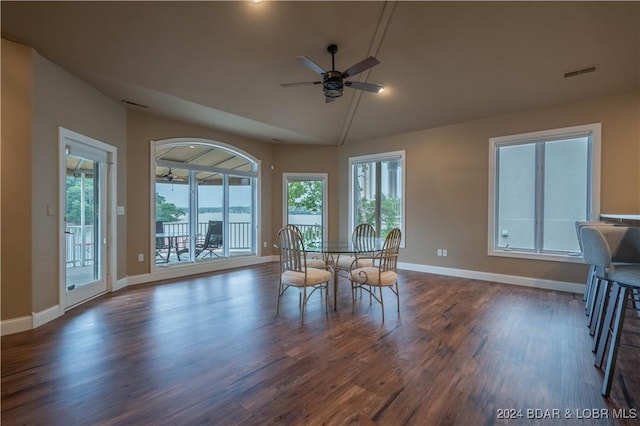 825 Grand View Dr, Porto Cima, MO 65079 - dining space featuring healthy amount of natural light, a ceiling fan, dark wood-type flooring, and vaulted ceiling