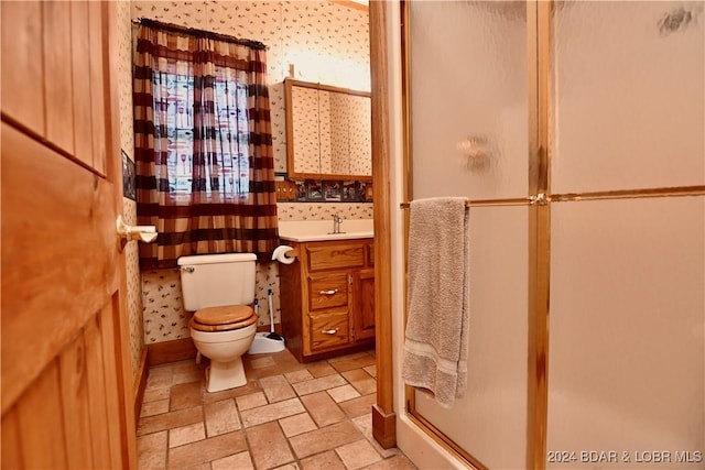 26 Gap Rd, Tunas, MO 65764 - bathroom featuring a shower stall, toilet, stone finish floors, and vanity