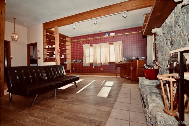 living room featuring a fireplace and rail lighting