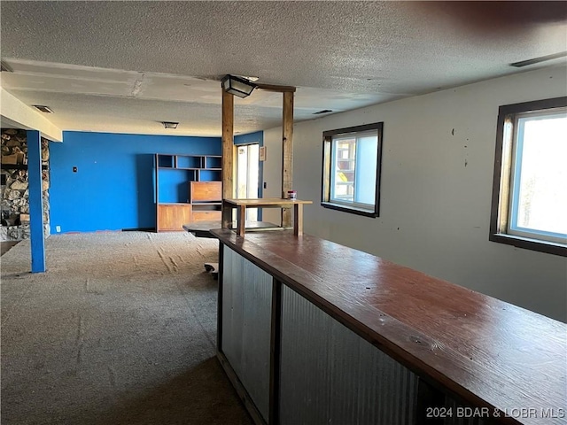 kitchen featuring carpet and a textured ceiling