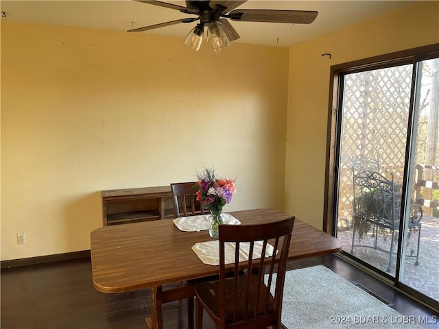 dining space with ceiling fan and dark hardwood / wood-style floors