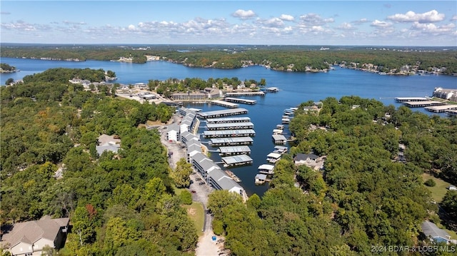 aerial view featuring a forest view and a water view