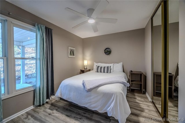 bedroom with hardwood / wood-style floors, ceiling fan, and multiple windows