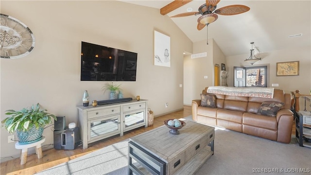 living room with vaulted ceiling with beams and ceiling fan