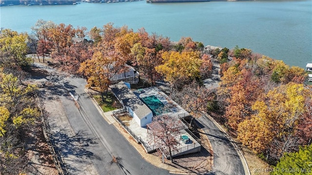 drone / aerial view featuring a water view