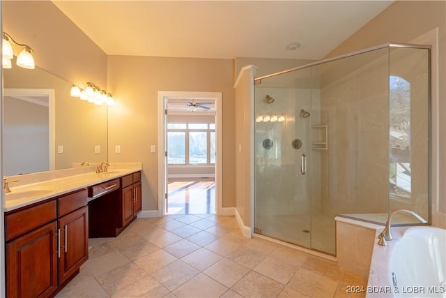 550 Grand Cove Rd, Porto Cima, MO 65079 - full bathroom featuring a shower stall, a bath, double vanity, ceiling fan, and baseboards