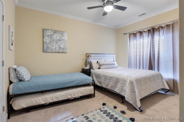 bedroom featuring ceiling fan and crown molding