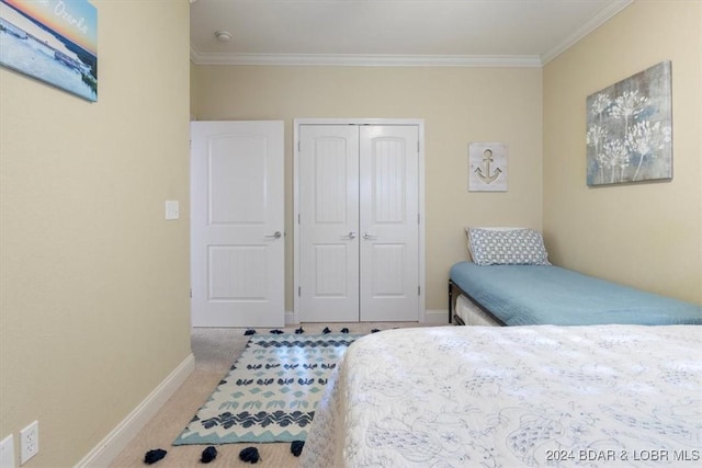 carpeted bedroom featuring a closet and ornamental molding