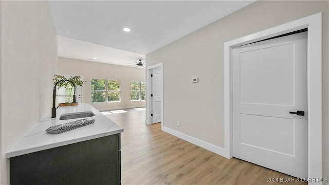 kitchen featuring ceiling fan, sink, and light hardwood / wood-style flooring