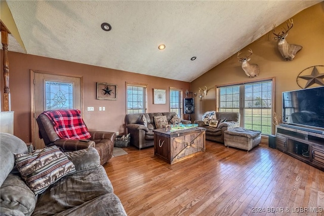 living room with a textured ceiling, a wealth of natural light, lofted ceiling, and hardwood / wood-style flooring