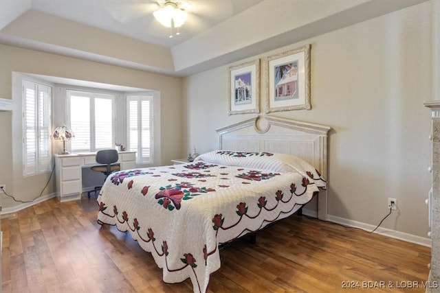 bedroom with a tray ceiling, ceiling fan, and hardwood / wood-style floors