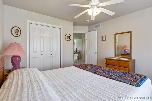 bedroom featuring ceiling fan and a closet