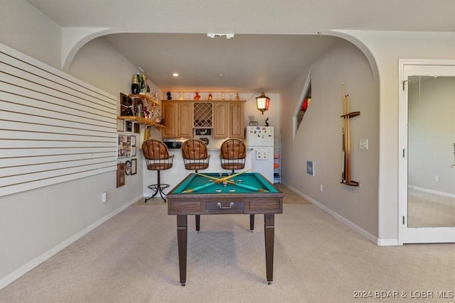 recreation room with light carpet and billiards