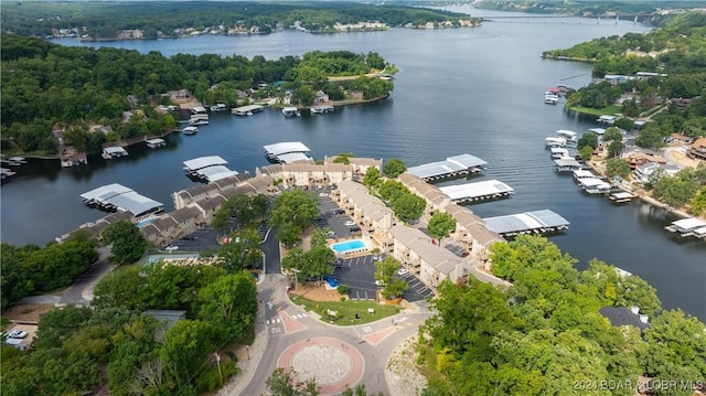 aerial view featuring a water view