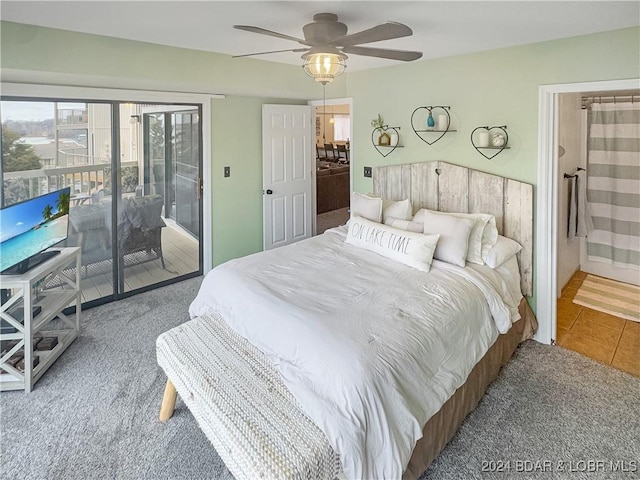 carpeted bedroom with access to outside and ceiling fan