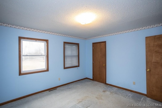 empty room featuring light carpet and a textured ceiling