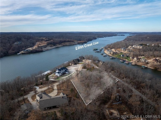 drone / aerial view featuring a water view