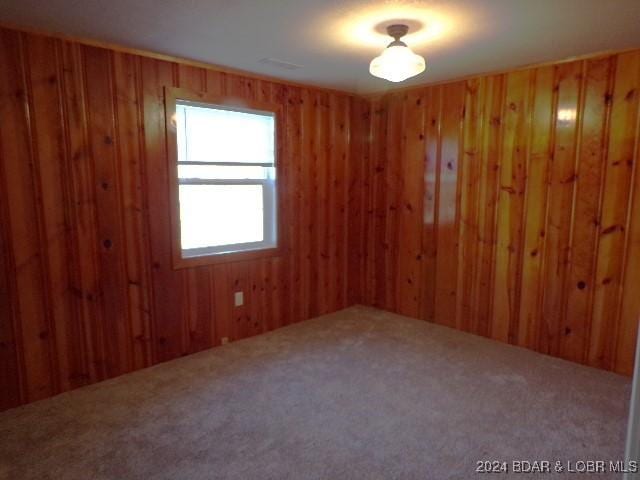 carpeted empty room featuring wood walls