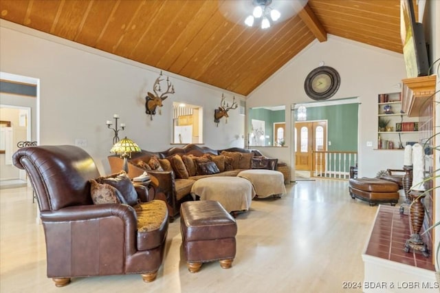 6334 Red Barn Rd, Osage Beach, MO 65065 - living area with a wood ceiling with exposed beams, a ceiling fan, wood finished floors, and high vaulted ceiling