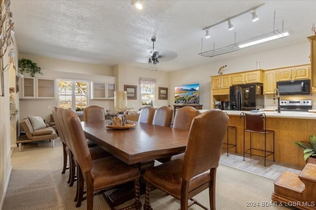 dining space featuring ceiling fan, a textured ceiling, light carpet, and track lighting