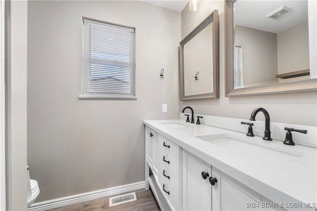 bathroom featuring vanity, hardwood / wood-style flooring, and toilet