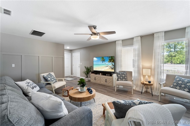 living room with ceiling fan and wood-type flooring