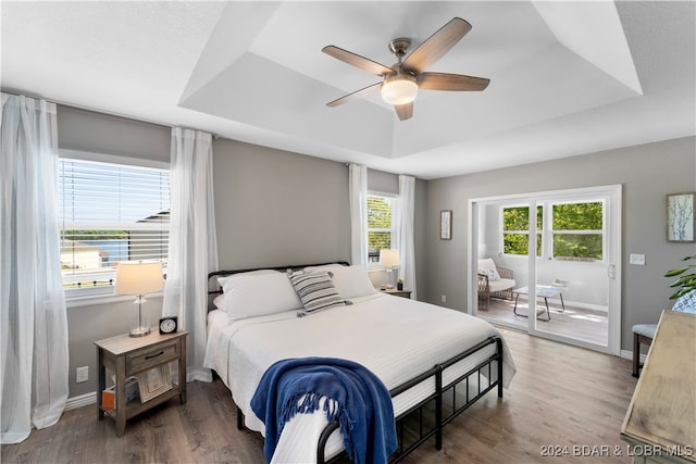 bedroom with a tray ceiling, ceiling fan, and dark hardwood / wood-style flooring