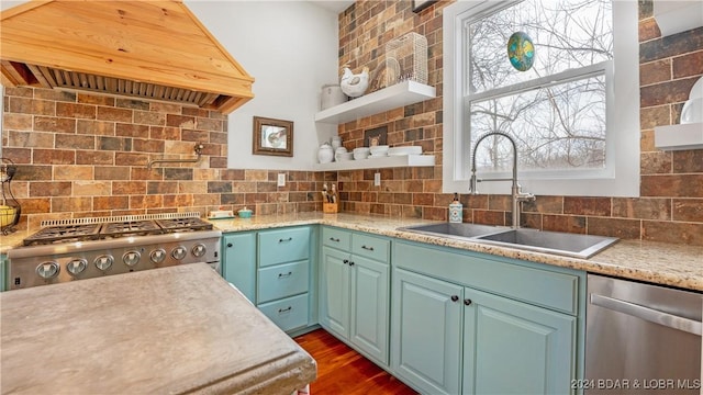 kitchen featuring dishwasher, sink, backsplash, stove, and custom range hood