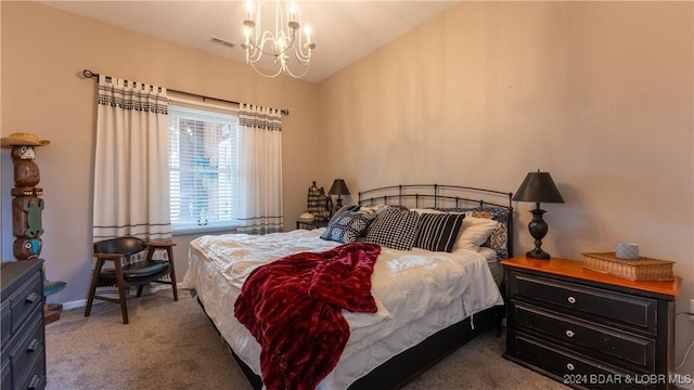 carpeted bedroom with lofted ceiling and a chandelier