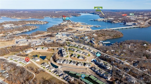 aerial view featuring a water view