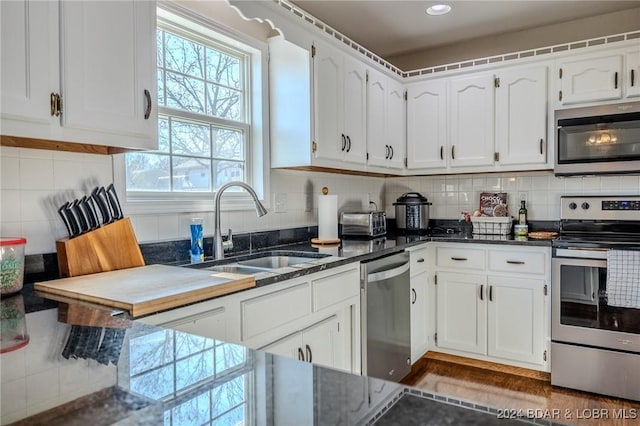 kitchen featuring white cabinets, decorative backsplash, sink, and stainless steel appliances