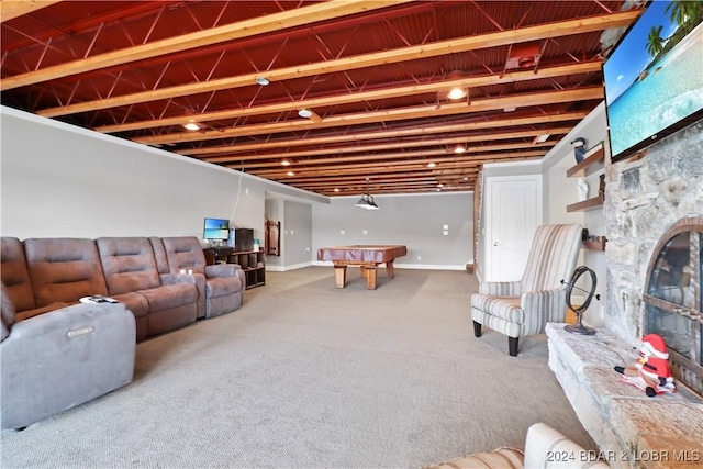 carpeted living room with pool table