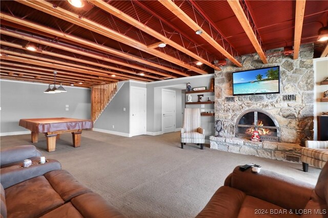 living room featuring carpet flooring, a fireplace, and billiards