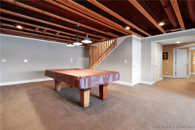 rec room with beamed ceiling, carpet flooring, and pool table