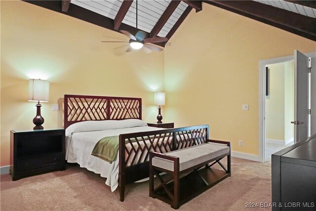 carpeted bedroom with beamed ceiling, ceiling fan, wood ceiling, and high vaulted ceiling