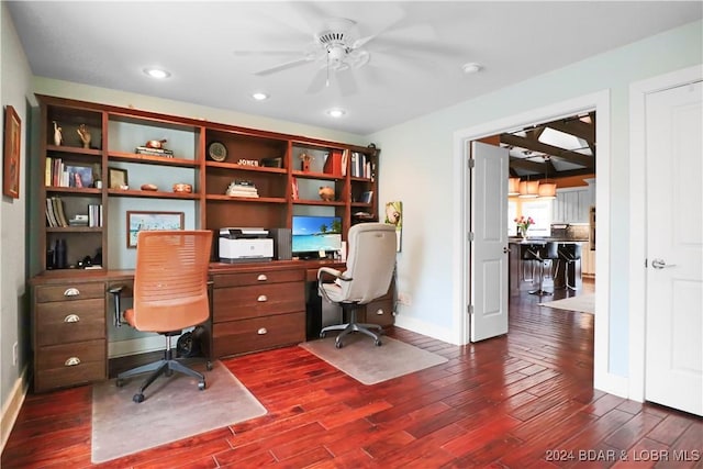 office space featuring ceiling fan and dark wood-type flooring