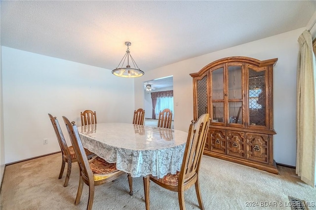 dining area featuring light carpet