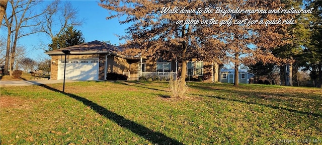 ranch-style home with a front lawn and a garage